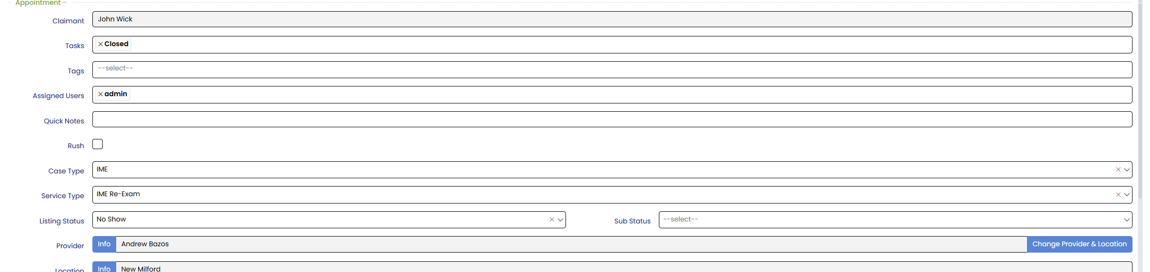 TrueClaims case screen: claimant, tasks, assigned users, case type, service type, listing status and provider fields
