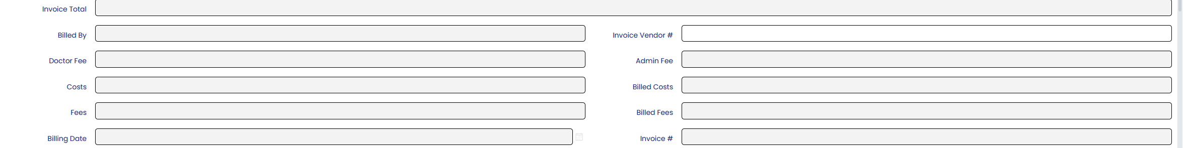 TrueClaims invoicing fields: invoice total, doctor fee, admin fee, costs, billed fees, billing date and invoice number