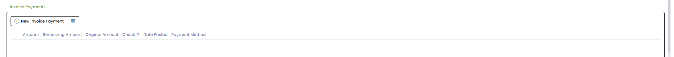 TrueClaims invoice payments grid: amount, remaining amount, original amount, check number, date posted, payment method