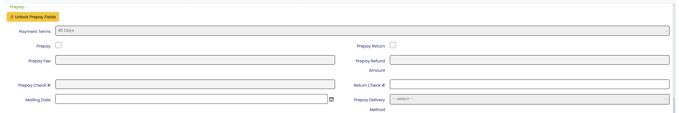 TrueClaims prepay screen: payment terms, prepay fee and check number, mailing date, prepay return and refund fields