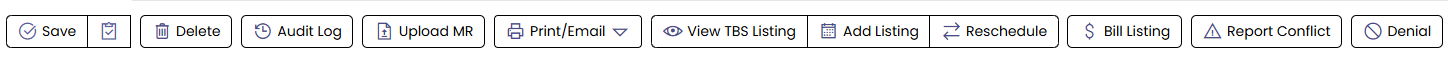TrueClaims action toolbar: Save, Delete, Audit Log, Upload MR, Print/Email, View TBS Listing, Add Listing, Reschedule, Bill Listing, Report Conflict, Denial