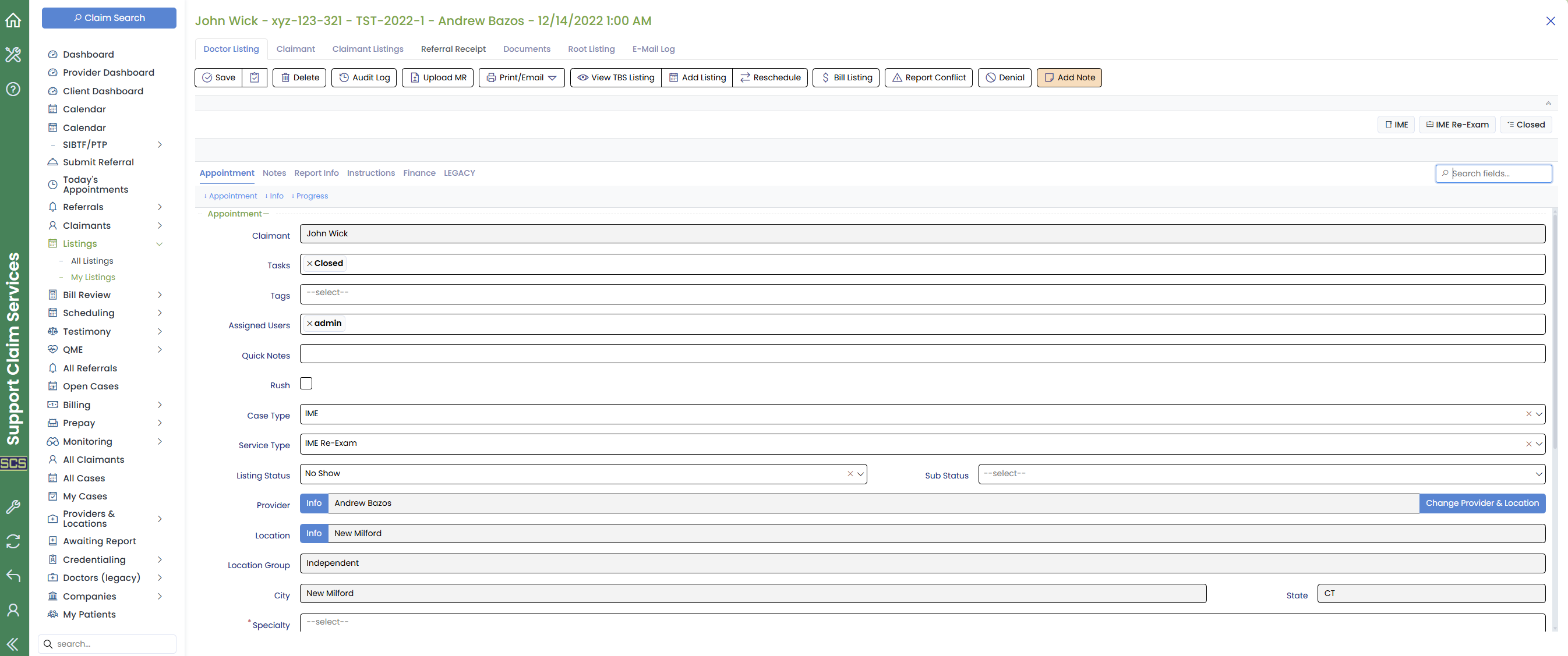 Full TrueClaims application screen: navigation sidebar, case toolbar and appointment record